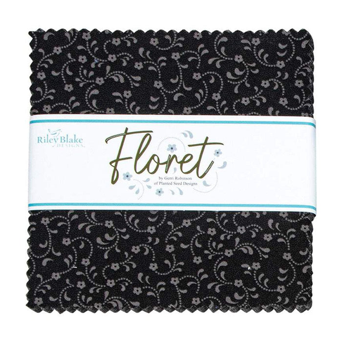 Floret - Charm Pack - (42) 5" Squares - Stacker - by Gerri Robinson for Riley Blake Designs - 5-675-BLACK-42-RebsFabStash