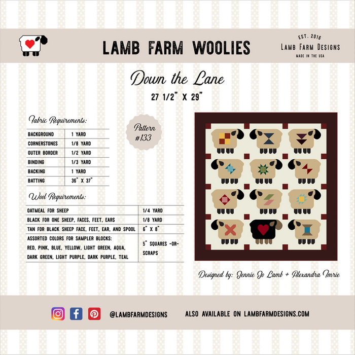 Down the Lane - Lamb Farm Woolies - PATTERN by Jennie Jo Lamb of Lamb Farm Designs - Quilt size 27.5" x 29"