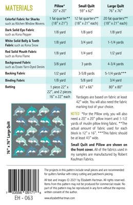 Make these friendly patchwork sharks using conventional patchwork techniques. No templates or paper piecing! Fat quarter friendly pattern inclues instructions for making a 20 in x 20 in quilted pillow cover, 59 in x 62 in Small Quilt, and 76 in x 76 in Large Quilt.