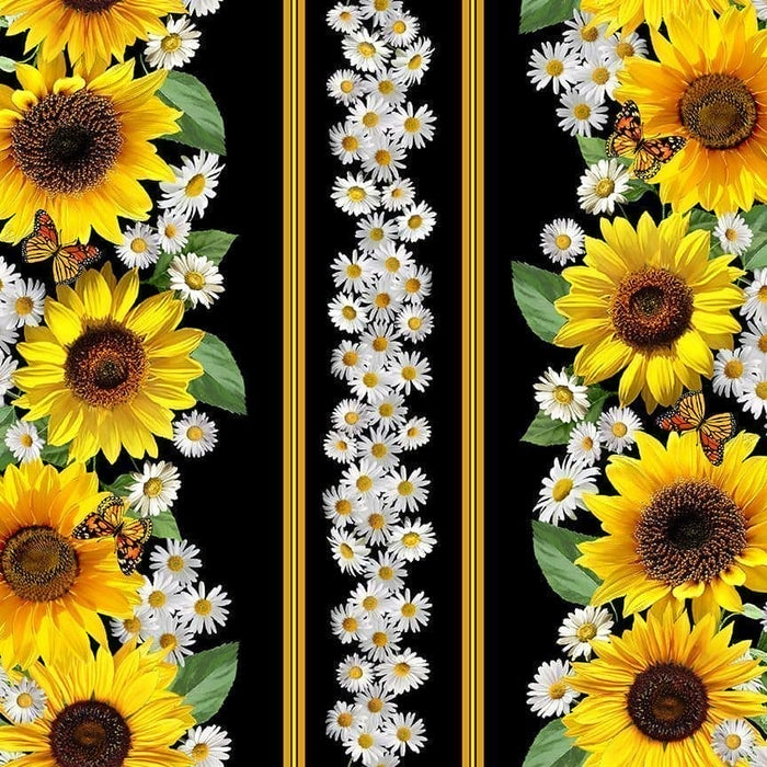 SUNFLOWER & BUTTERFLIES 11" BORDER STRIPE - Per Yard - by Timeless Treasures - Sunflower & Butterflies - FLEUR CD2924 - Sunflower Border on Black -RebsFabStash