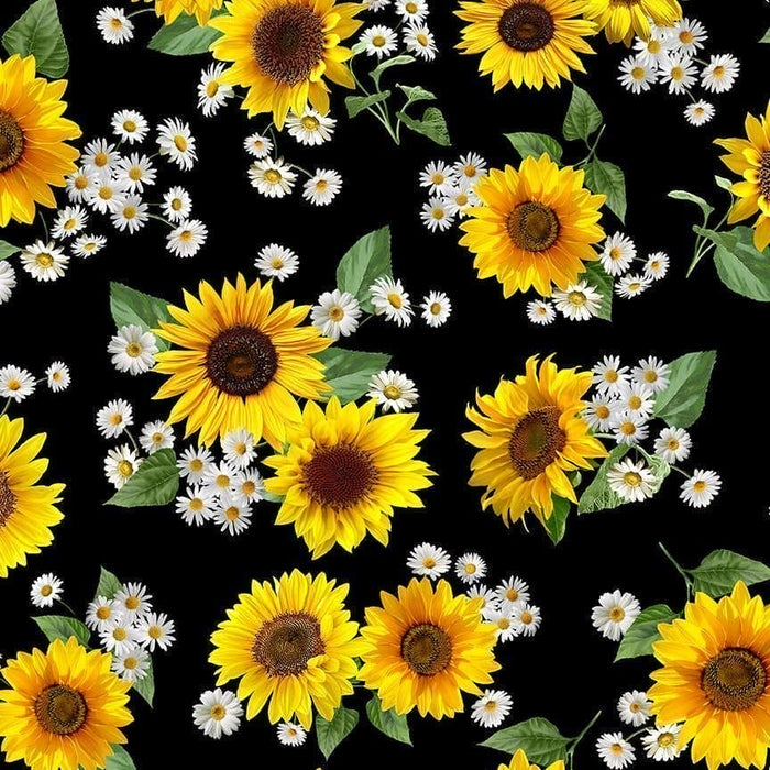 CLUSTERED SUNFLOWERS & DAISIES - Per Yard - by Timeless Treasures - Advice from a Sunflower - FLEUR CD2924 - Sunflowers & Daisies on Black-RebsFabStash