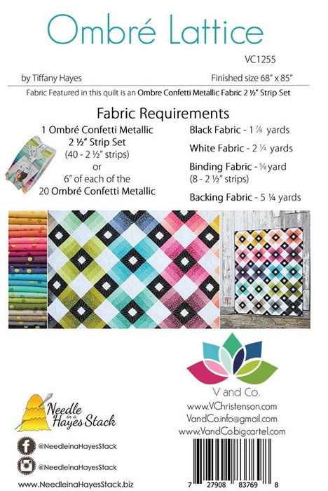 Ombre Lattice - Quilt PATTERN VC1255 - By Tiffany Hayes for V and CO. - Features Ombre Confetti Metallic Fabric by MODA - Finishes 68" x 85" -jelly roll friendly