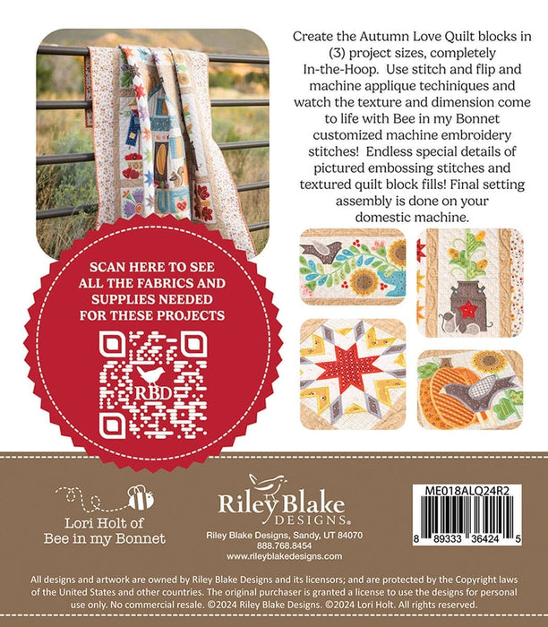 PREORDER - Autumn Love Quilt Projects - Machine Embroidery USB - by Lori Holt of Bee in my Bonnet -  Riley Blake Designs uses Autumn Fabrics!! - ME018ALQ24R2