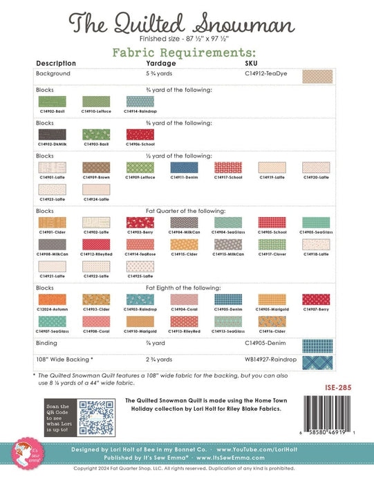 The Quilted Snowman -QUILT PATTERN ONLY- by Lori Holt Bee in My Bonnet -Riley Blake - P051-ISE-285