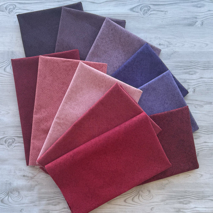 Whisper Weave (Basic) PROMO FAT QUARTER BUNDLE - Reds & Purples (11) 18" x 21" pieces! from Nancy Halvorsen for Benartex - FQB-WHISPWEAVE-RP-11