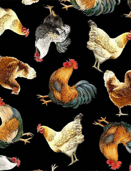 Tossed Chickens - Per Yard - by Timeless Treasures - Chickens, Farm - CHICKENS-C8339 BLACK-RebsFabStash