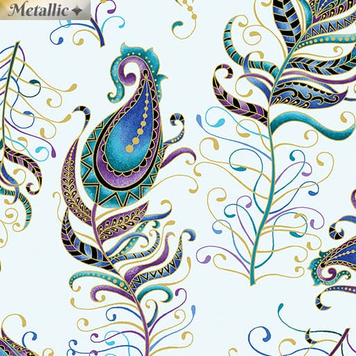 Peacock Flourish - Floating Feather Large Light Teal/Multi - Per Yard - Ann Lauer - Grizzly Gulch - Benartex - Metallic - 10229M-80-Yardage - on the bolt-RebsFabStash