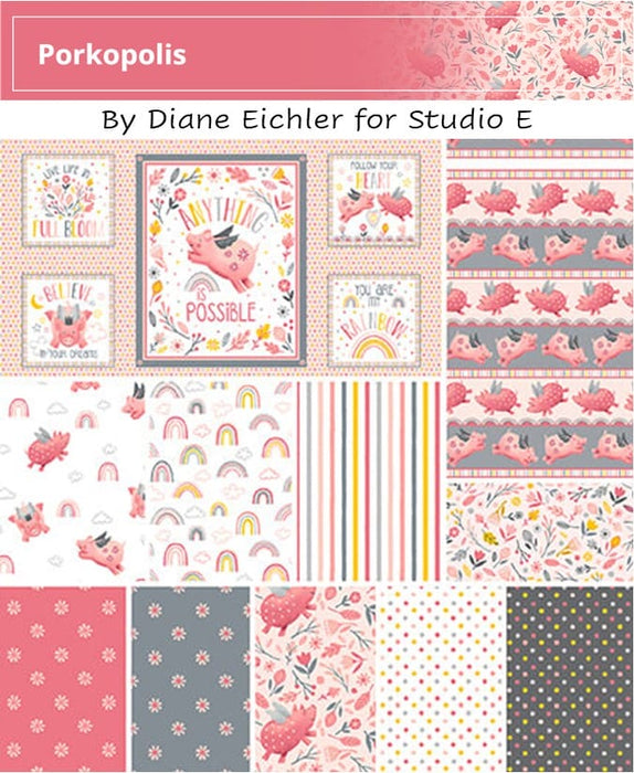 NEW! Porkopolis - Floral - Per Yard - by Diane Eichler for Studio e - Pigs - Pink - 6001-22