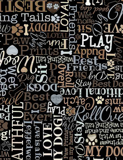 I Love My Dog - Text - per yard - Timeless Treasures - Words, Sayings, Pawprints - Dog-C8554 BLACK-Yardage - on the bolt-RebsFabStash