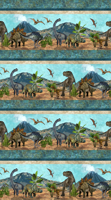 NEW! Stonehenge Prehistoric World - Dinosaurs Border Stripe - Per Yard - by Linda Ludovico for Northcott - Digital Print - Teal Multi - DP24742-68-Yardage - on the bolt-RebsFabStash