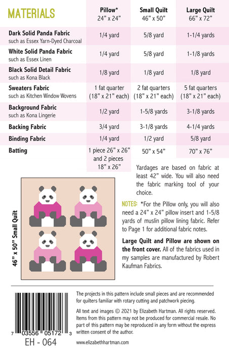 elizabeth hartman quilt pattern - panda quilt pattern - pillow pattern - bed quilt