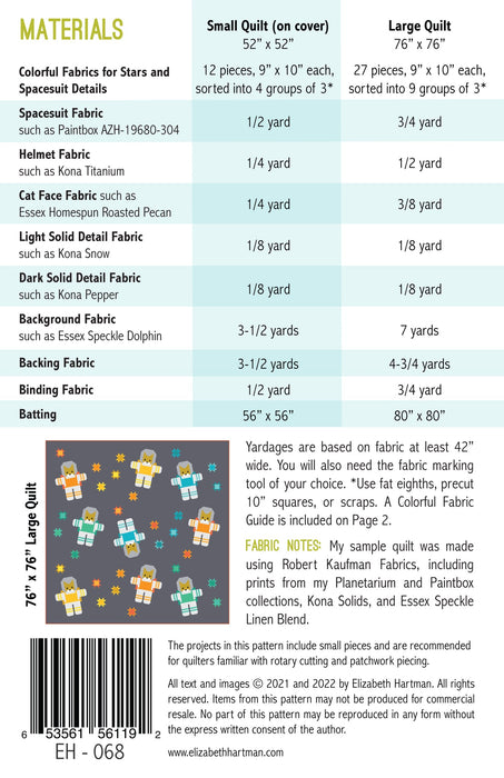 elizabeth hartman quilt pattern - astronaut - cat - stars - space 