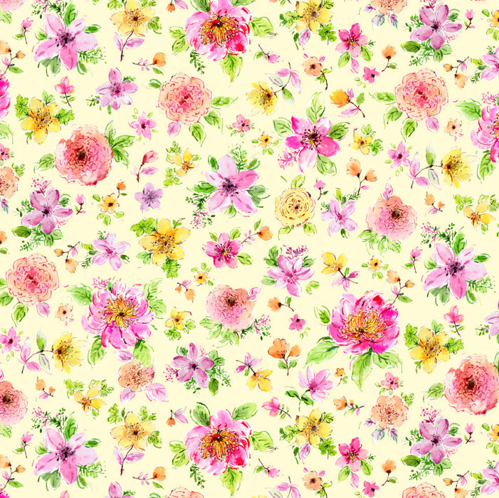 Gabriella - Large Floral Pink - per yard - by P&B Textiles - Multi Watercolor - bright, colorful - GABR04811-P