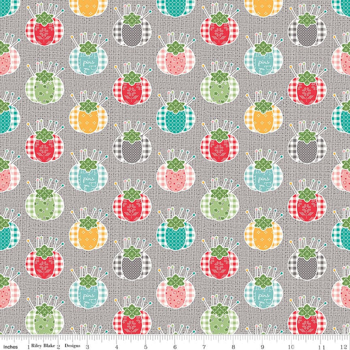 My Happy Place - Home Decorator Fabric - Pin Cushions Gray - per yard - Lori Holt for Riley Blake designs - 57/58" wide - HD11211-Decorator Fabric-RebsFabStash