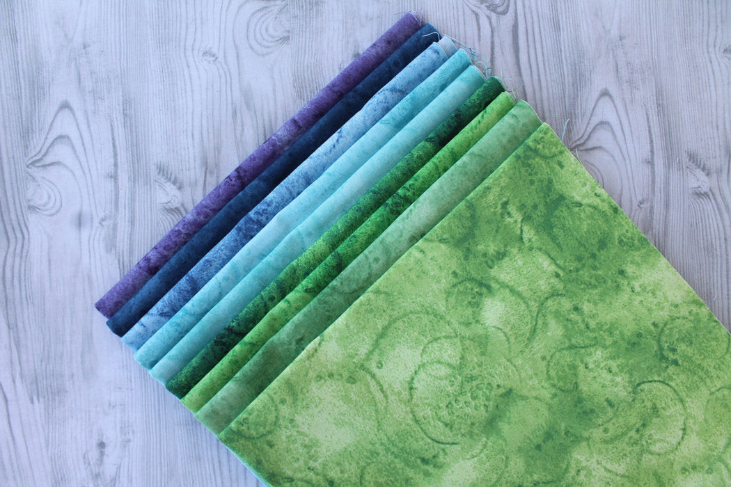 Swirl Cool - PROMO Fat Quarter Bundle (9) 18" x 21" pieces - Painter's Watercolor Swirl - Janet Wecker Frisch - Riley Blake Designs-Fat Quarters/F8s/Bundles-RebsFabStash