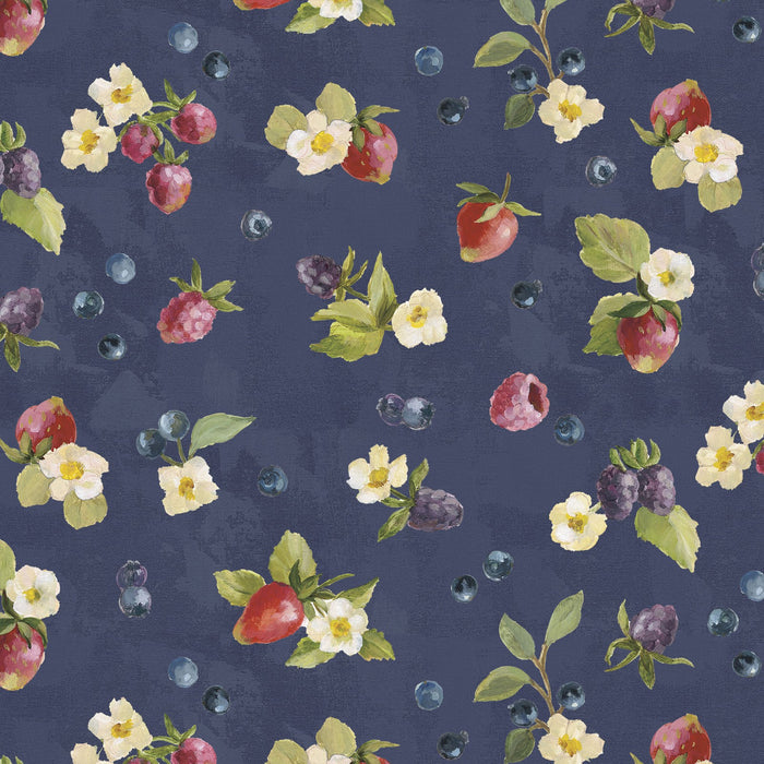 Homemade Happiness - Silvia Vassileva - running yardage - per yard - by P&B Textiles - Tossed berries and flowers on dark blue - HHAP 4803 - DB-Yardage - on the bolt-RebsFabStash