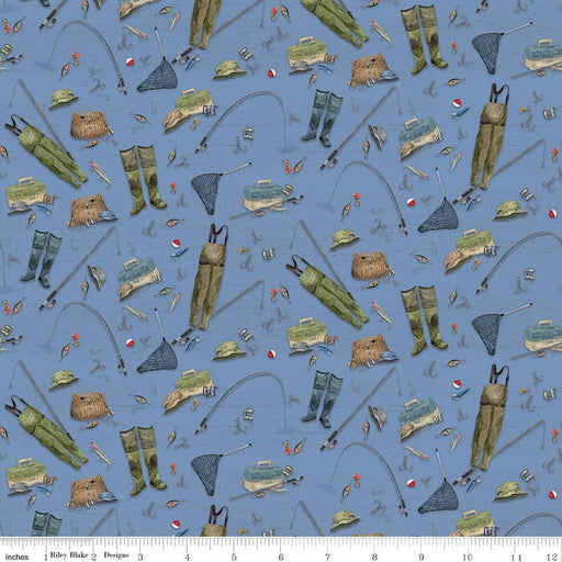 At The Lake - Gear - Blue - per yard - by Tara Reed - for Riley Blake Designs - Outdoors, Fishing - C10551-BLUE - RebsFabStash