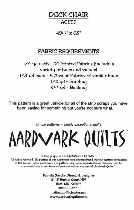 Deck Chair - Quilt Pattern - by Aardvark Quilts -Includes instructions for throw, queen size quilts! - RebsFabStash