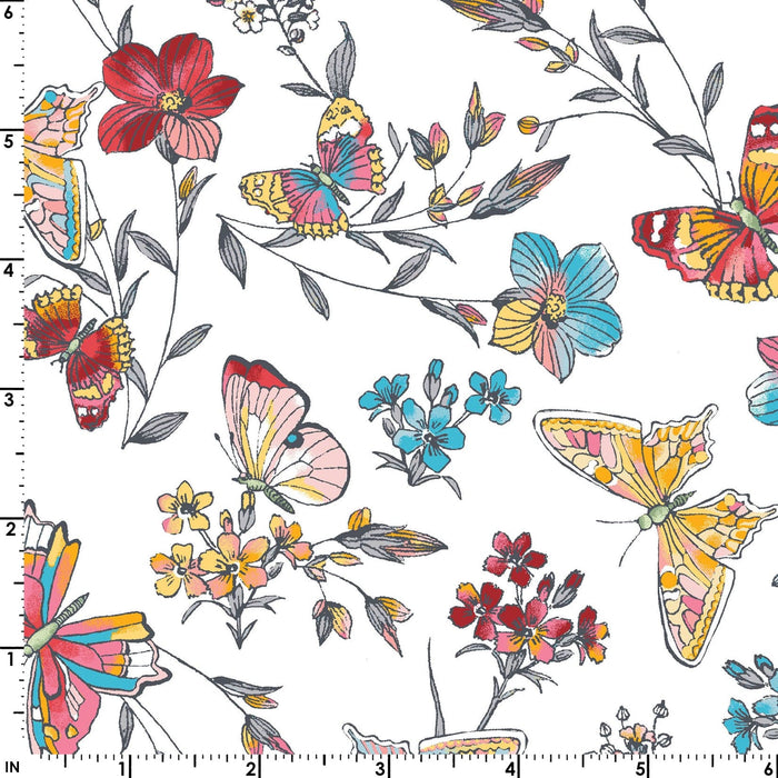 Meadow Edge - Large Meadow Flower - Per Yard - by Maywood Studio - Floral, Butterflies - White - MASD10002-W