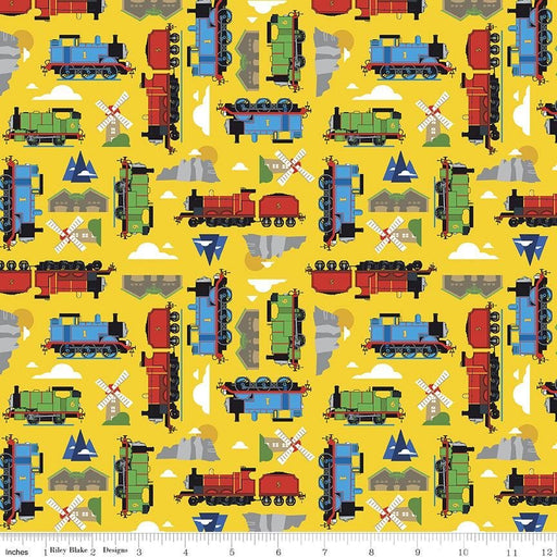 New! All Aboard with Thomas & Friends - Sodor Yellow - Per Yard - Riley Blake Designs - Licensed - Trains, Stations, Windmills, Mountains - C11002 Yellow - RebsFabStash