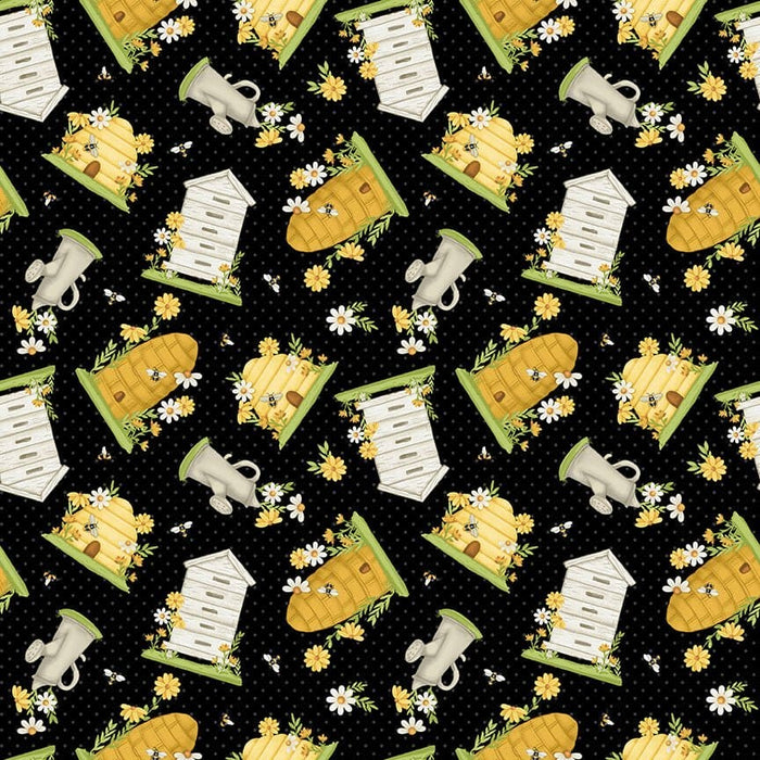 NEW! Bee You! - Tossed Bee Hives - Per Yard - by Shelly Comiskey for Henry Glass - Black - 102-99 - RebsFabStash