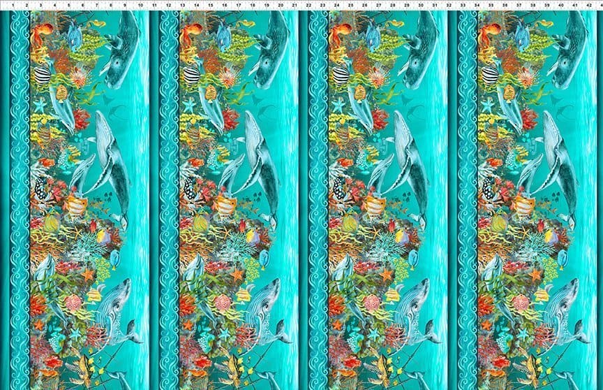 Calypso II Border Print TEAL Yardage by Jason Yenter - In The Beginning - Ocean, Fish Fabrics