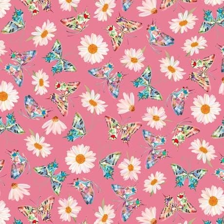 New! Daisy Meadow - Daisy & Butterfly Toss - per yard - Designed by Turnowsky for Quilting Treasures - MEDIUM PINK - 27805-P - RebsFabStash