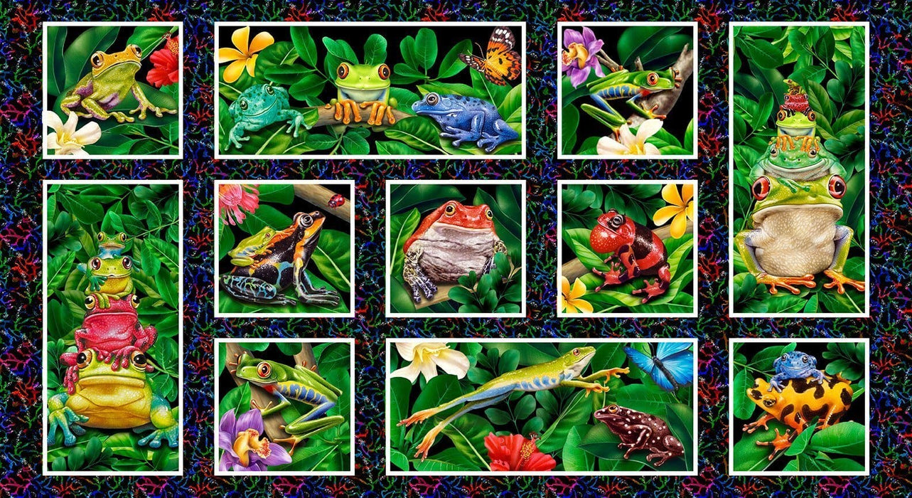 NEW! Jewels of the Jungle - Frog and Foliage - Per Yard - by Lori Anzalone for Studio e - Digital Print, Frogs - Black - 5563-17 - RebsFabStash