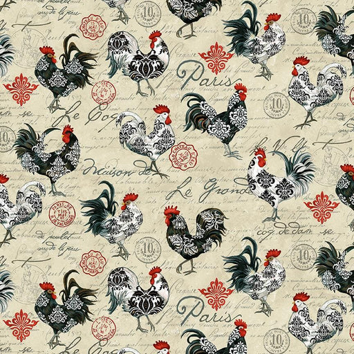 New! Le Poulet - Rooster Allover - Per Yard - by Jennifer Brinely - Studio E - Roosters, Script - 5461-33 Cream - RebsFabStash