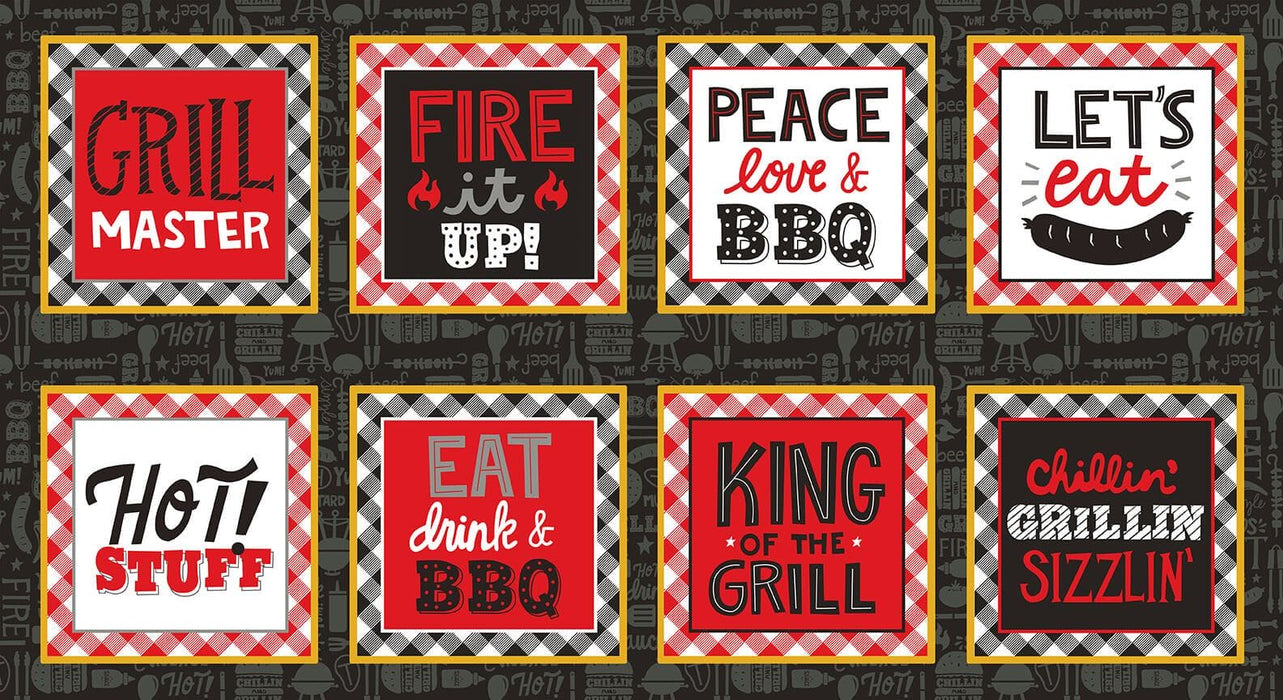 NEW! Peace Love & BBQ - BBQ Stamps - Per Yard - by Emily Dumas - Henry Glass - White/Multi 9509-8 - RebsFabStash