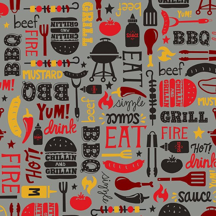 NEW! Peace Love & BBQ - BBQ Stamps - Per Yard - by Emily Dumas - Henry Glass - White/Multi 9509-8 - RebsFabStash